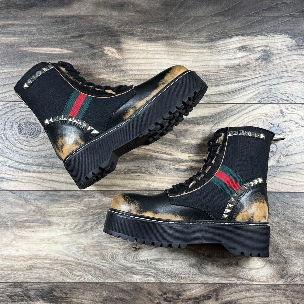 NIB Steve Madden 8.5M Burner Leather Studded Mixed Media Lug Sole Combat Boots - Picture 6 of 11